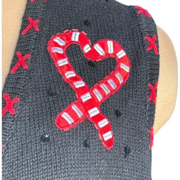 Vintage Holiday Sweater Black Embroidered Embellished Sequin Christmas Vest - Picture 3 of 14